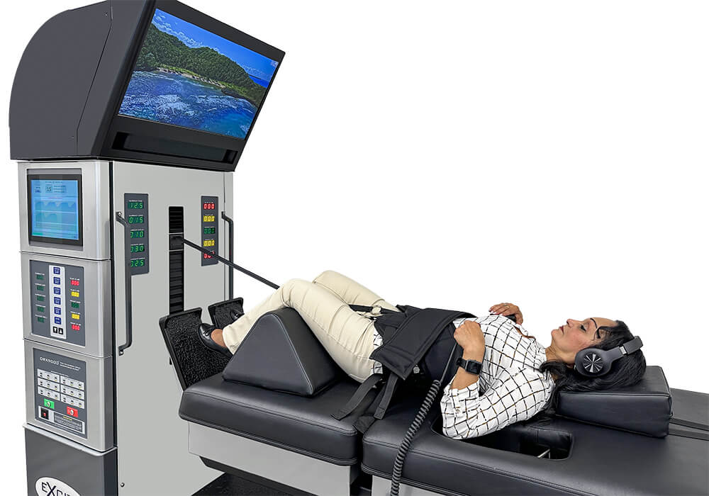 side view of patient using machine with headset